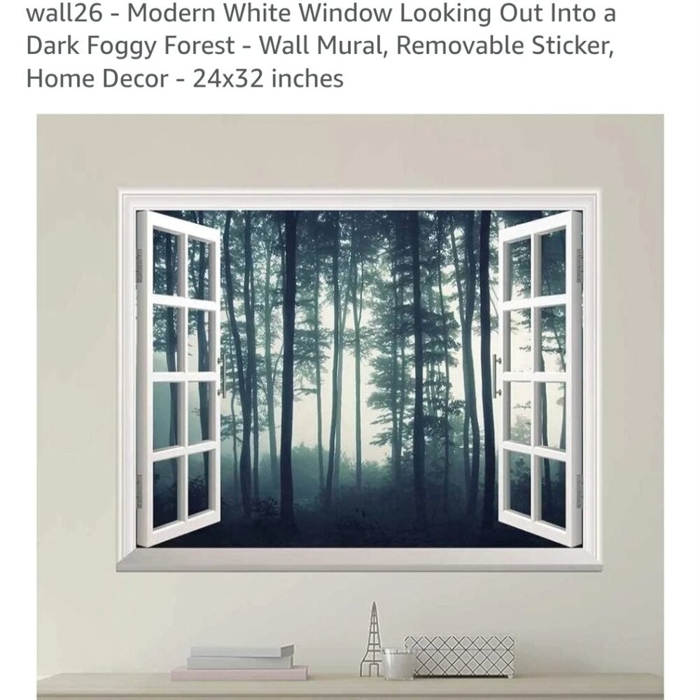 wall26 - Modern White Window Looking Out Into a Dark Foggy Forest - Wall Mural